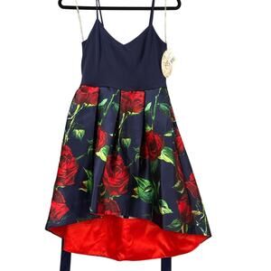 NWT Navy Red Rose Hi Low Fit Flare Party Mini Dress Scuba Bodice Satin Skirt Sz7
